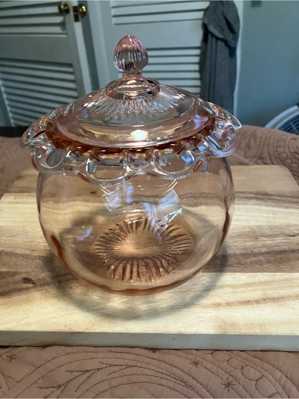Antique Art Deco Laced Edge Pink Cookie/Biscuit Lidded Jar